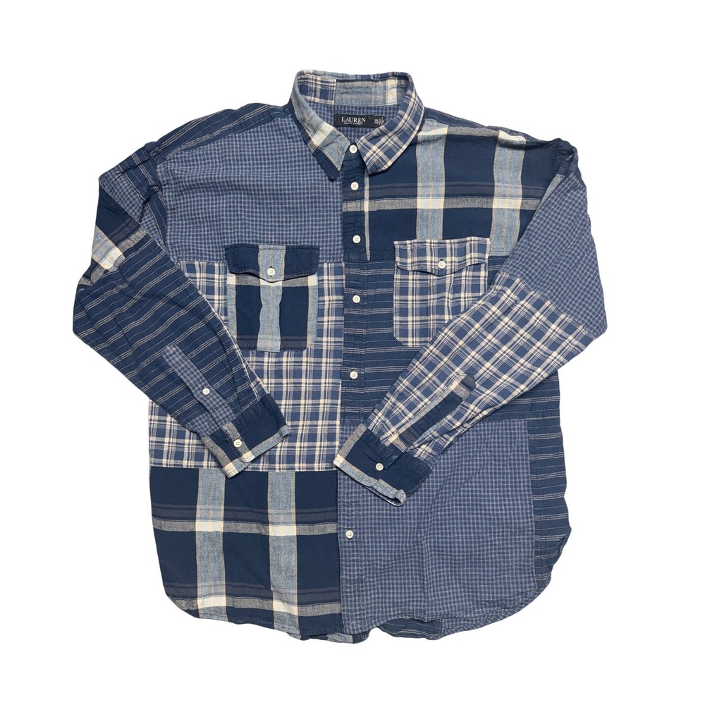 Lauren Ralph Lauren Blue Patchwork Plaid Button Down Shirt Women XXL Long Sleeve